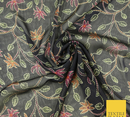 Kalamkari Style Small Intricate Floral Printed Sheen Soft Georgette Dress Fabric