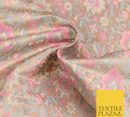 Pale Peach Luxury Flowers PURE Benarsi Brocade Woven Dress Fabric Fancy 1746