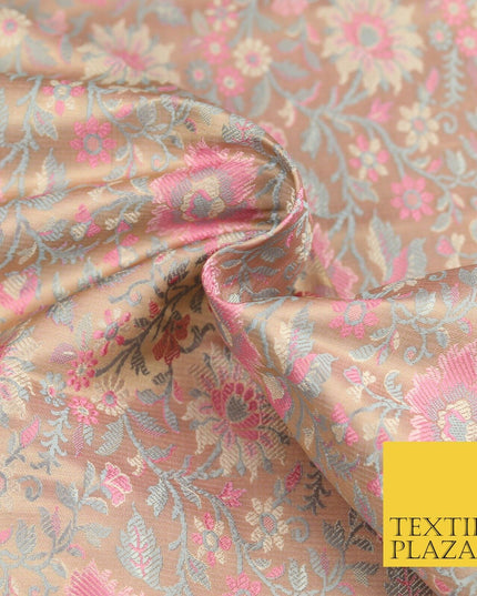 Pale Peach Luxury Flowers PURE Benarsi Brocade Woven Dress Fabric Fancy 1746