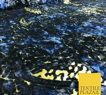 Blue Gold Abstract Branch Leaves Printed Soft Velvet Dress Fabric Craft Q1298