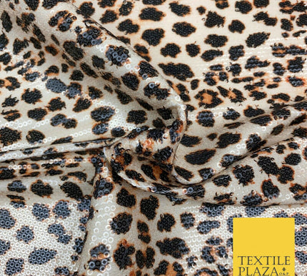 Beige Leopard Print Scuba Lycra Clear Sequin Dress Fabric Stretch Dancewear 1822