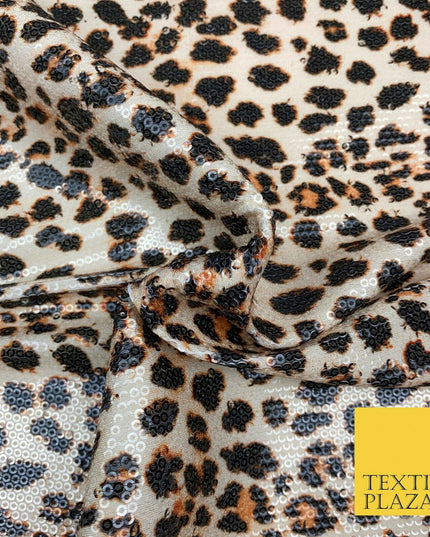 Beige Leopard Print Scuba Lycra Clear Sequin Dress Fabric Stretch Dancewear 1822
