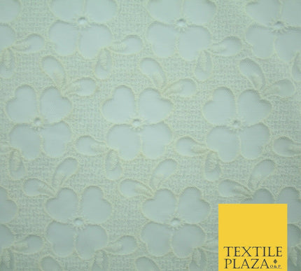 Ivory Cream Ecru Floral Striped Fair Isle Embroidered Net Dress Fabric Mesh