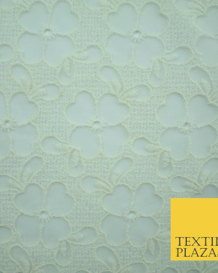 Ivory Cream Ecru Floral Striped Fair Isle Embroidered Net Dress Fabric Mesh