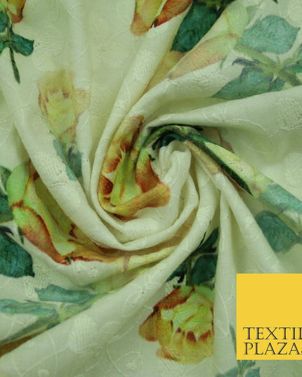 Falling Single Roses Embroidered 100% Cotton Lawn Print Fashion Fabric Craft