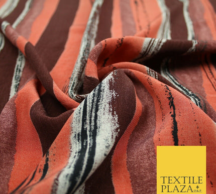 Vintage Striped Brown Terracotta Italian Printed Cupro Fabric Made In Italy 2612