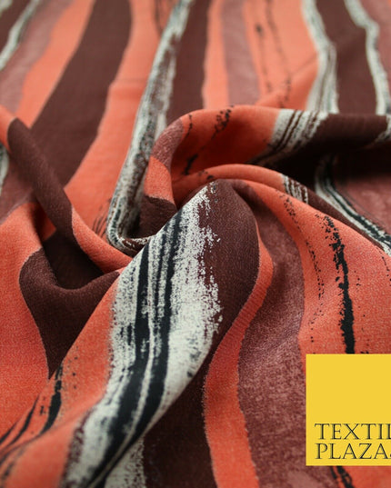 Vintage Striped Brown Terracotta Italian Printed Cupro Fabric Made In Italy 2612