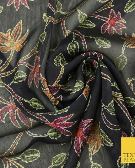 Kalamkari Style Small Intricate Floral Printed Sheen Soft Georgette Dress Fabric