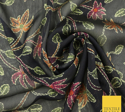 Kalamkari Style Small Intricate Floral Printed Sheen Soft Georgette Dress Fabric