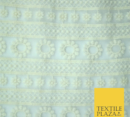 Ivory Cream Ecru Floral Striped Fair Isle Embroidered Net Dress Fabric Mesh