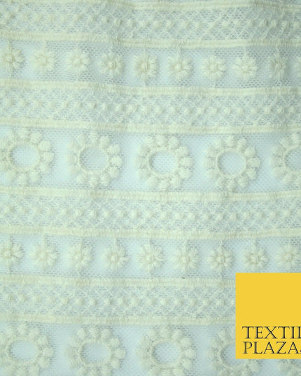 Ivory Cream Ecru Floral Striped Fair Isle Embroidered Net Dress Fabric Mesh