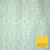 Ivory Cream Ecru Floral Striped Fair Isle Embroidered Net Dress Fabric Mesh
