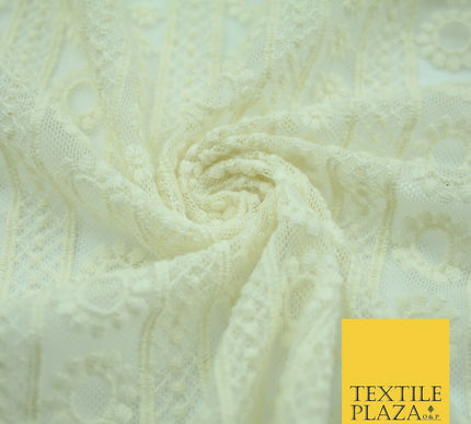 Ivory Cream Ecru Floral Striped Fair Isle Embroidered Net Dress Fabric Mesh