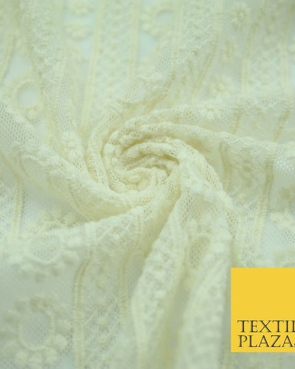 Ivory Cream Ecru Floral Striped Fair Isle Embroidered Net Dress Fabric Mesh