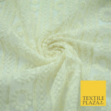 Ivory Cream Ecru Floral Striped Fair Isle Embroidered Net Dress Fabric Mesh