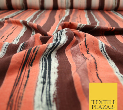 Vintage Striped Brown Terracotta Italian Printed Cupro Fabric Made In Italy 2612