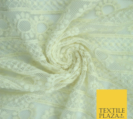 Ivory Cream Ecru Floral Striped Fair Isle Embroidered Net Dress Fabric Mesh