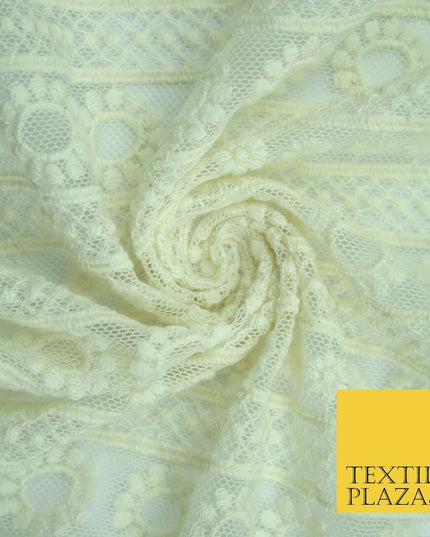 Ivory Cream Ecru Floral Striped Fair Isle Embroidered Net Dress Fabric Mesh