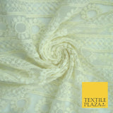 Ivory Cream Ecru Floral Striped Fair Isle Embroidered Net Dress Fabric Mesh