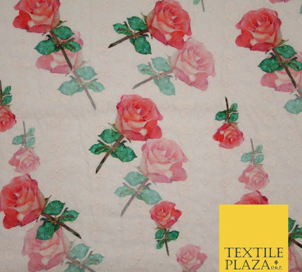 Falling Single Roses Embroidered 100% Cotton Lawn Print Fashion Fabric Craft