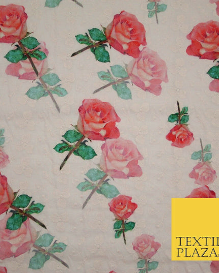Falling Single Roses Embroidered 100% Cotton Lawn Print Fashion Fabric Craft