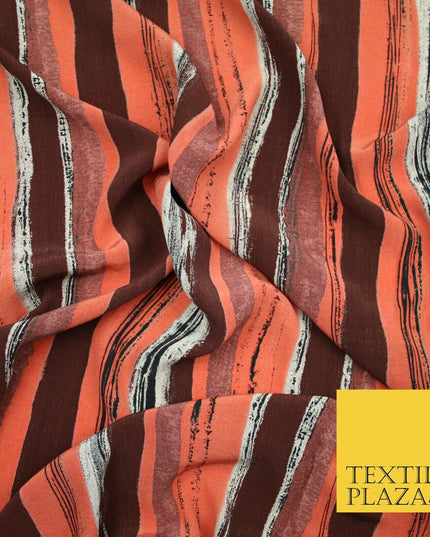 Vintage Striped Brown Terracotta Italian Printed Cupro Fabric Made In Italy 2612