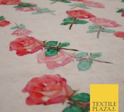 Falling Single Roses Embroidered 100% Cotton Lawn Print Fashion Fabric Craft