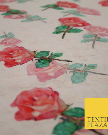 Falling Single Roses Embroidered 100% Cotton Lawn Print Fashion Fabric Craft