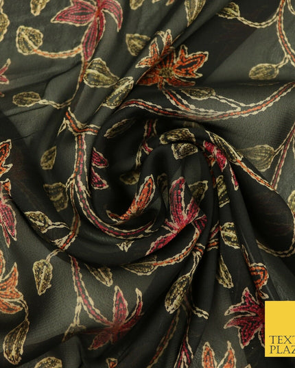 Kalamkari Style Small Intricate Floral Printed Sheen Soft Georgette Dress Fabric