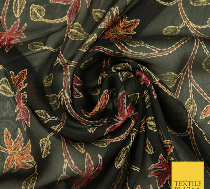 Kalamkari Style Small Intricate Floral Printed Sheen Soft Georgette Dress Fabric