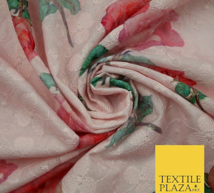 Falling Single Roses Embroidered 100% Cotton Lawn Print Fashion Fabric Craft