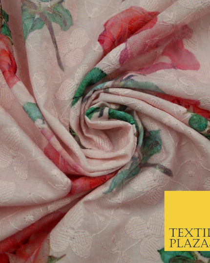 Falling Single Roses Embroidered 100% Cotton Lawn Print Fashion Fabric Craft