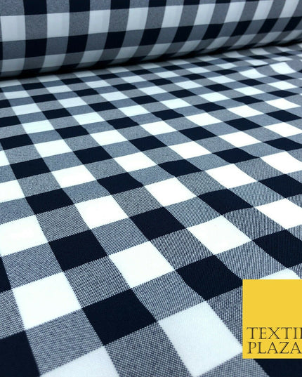 Navy & White Gingham Check Bi-Stretch Fabric - Uniform Skirts Trousers 58" 1350