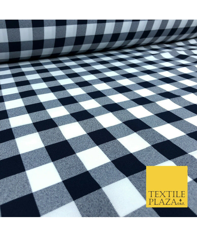 Navy & White Gingham Check Bi-Stretch Fabric - Uniform Skirts Trousers 58" 1350