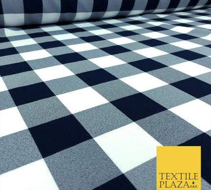 Navy Blue & White Large Gingham Check Bi-Stretch Fabric Uniform Skirts 58" 1353