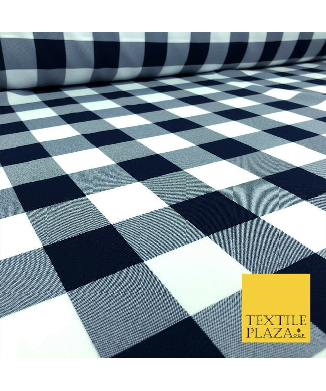 Navy Blue & White Large Gingham Check Bi-Stretch Fabric Uniform Skirts 58" 1353