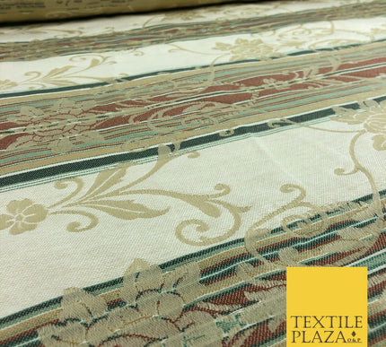 Ivory Cream Ornate Floral Stripes Fabric - Sofa Upholstery Curtain Heavy 1354