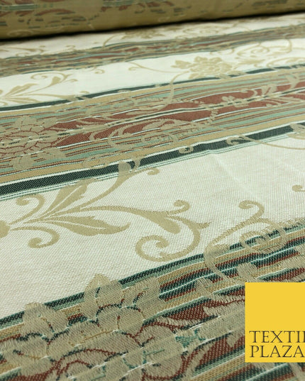 Ivory Cream Ornate Floral Stripes Fabric - Sofa Upholstery Curtain Heavy 1354