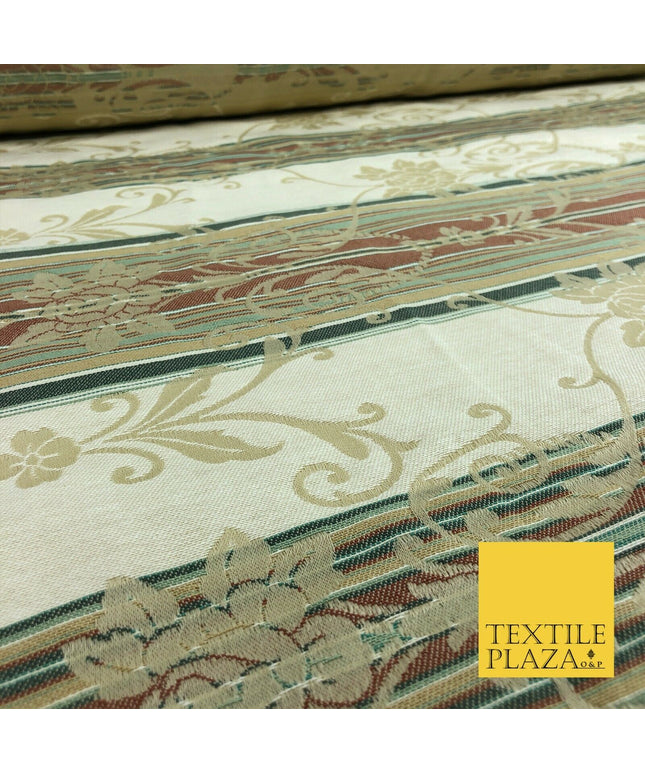 Ivory Cream Ornate Floral Stripes Fabric - Sofa Upholstery Curtain Heavy 1354