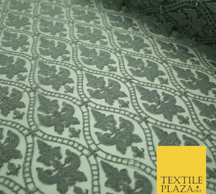 Silver Grey Ornate Floral Ogee Embroidered Mesh Net Dress Fabric Craft 2860