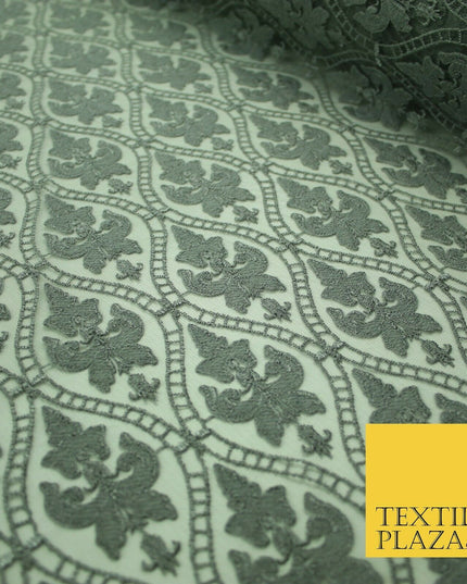 Silver Grey Ornate Floral Ogee Embroidered Mesh Net Dress Fabric Craft 2860