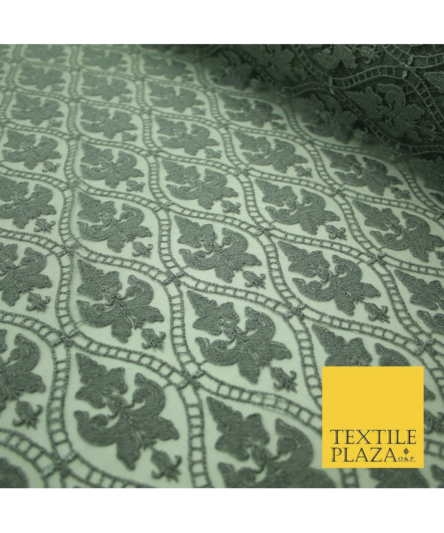 Silver Grey Ornate Floral Ogee Embroidered Mesh Net Dress Fabric Craft 2860
