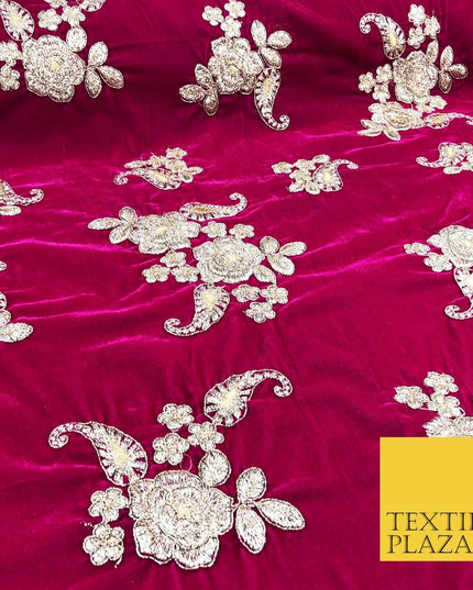 PINK Ornate Floral Paisley Cluster Embroidered Velvet Dress Fabric 1095