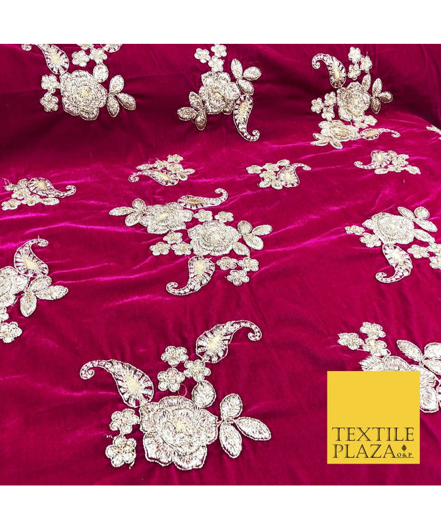 PINK Ornate Floral Paisley Cluster Embroidered Velvet Dress Fabric 1095
