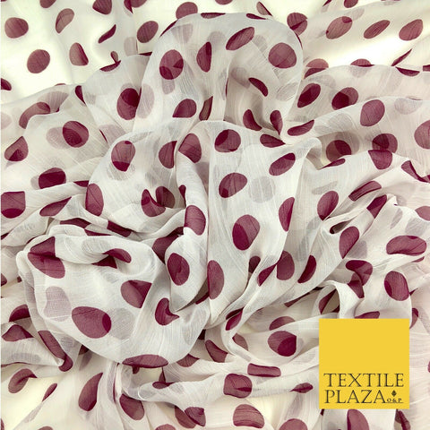 White with Deep Mauve Polka Dot Spotted Crinkle Chiffon Dress Craft QF823