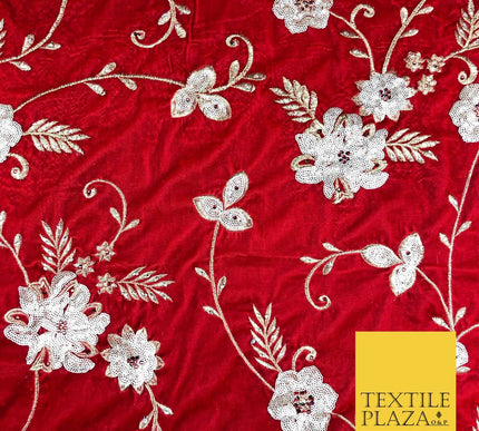 RED Fancy Ornate Floral Sequin Stonework Embroidered Velvet Dress Fabric 1089