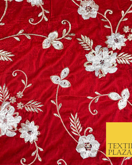 RED Fancy Ornate Floral Sequin Stonework Embroidered Velvet Dress Fabric 1089