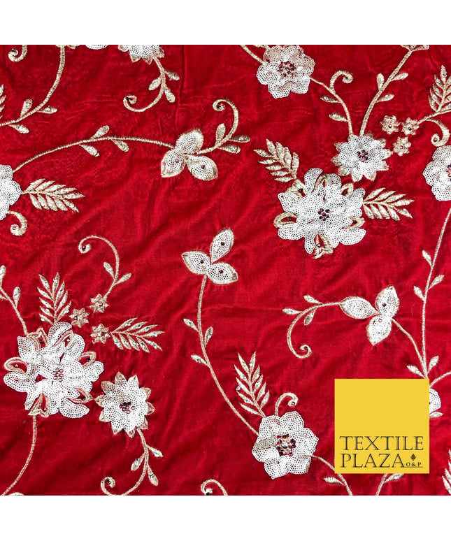 RED Fancy Ornate Floral Sequin Stonework Embroidered Velvet Dress Fabric 1089