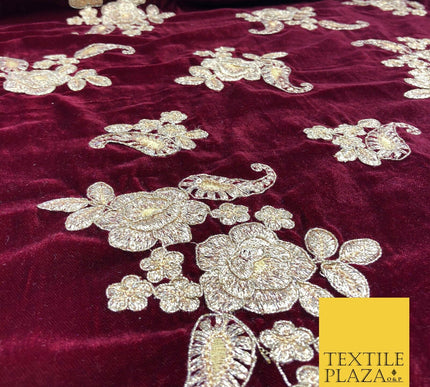 MAROON Ornate Floral Paisley Cluster Embroidered Velvet Dress Fabric 1094