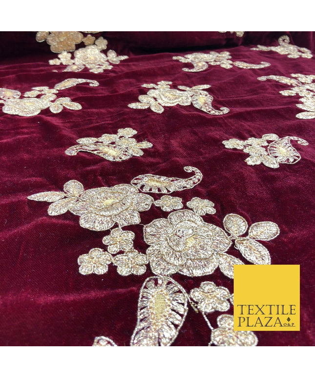 MAROON Ornate Floral Paisley Cluster Embroidered Velvet Dress Fabric 1094
